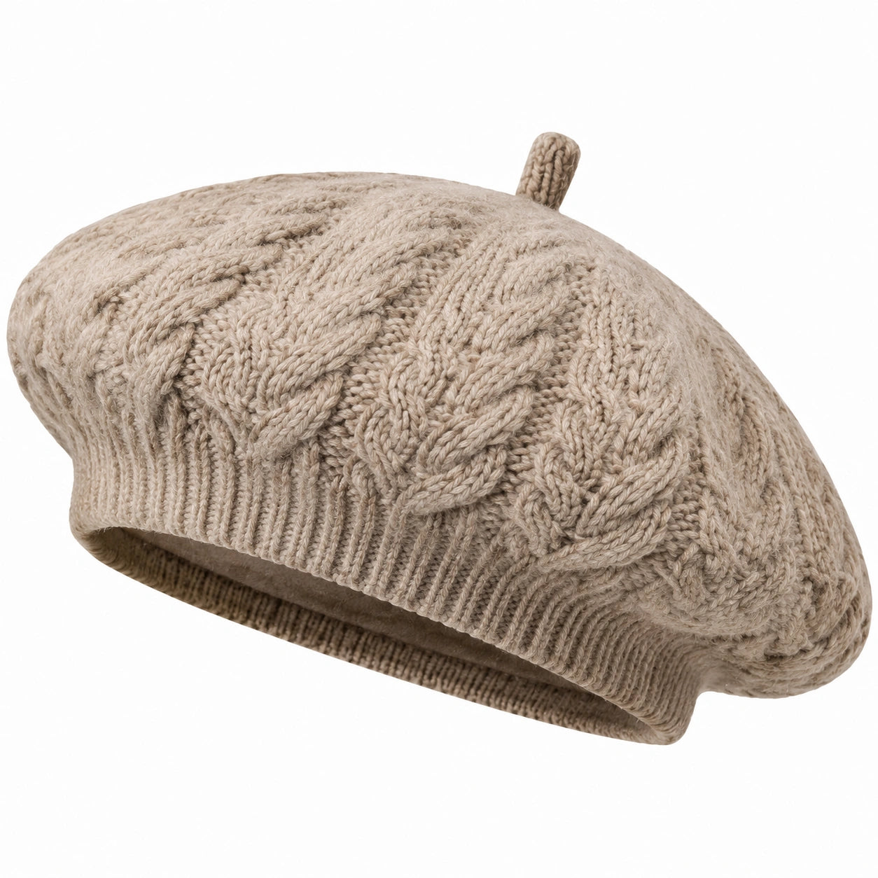 Strick Baskenmütze Einheitsgröße Beige mit Zopfmuster für Erwachsene