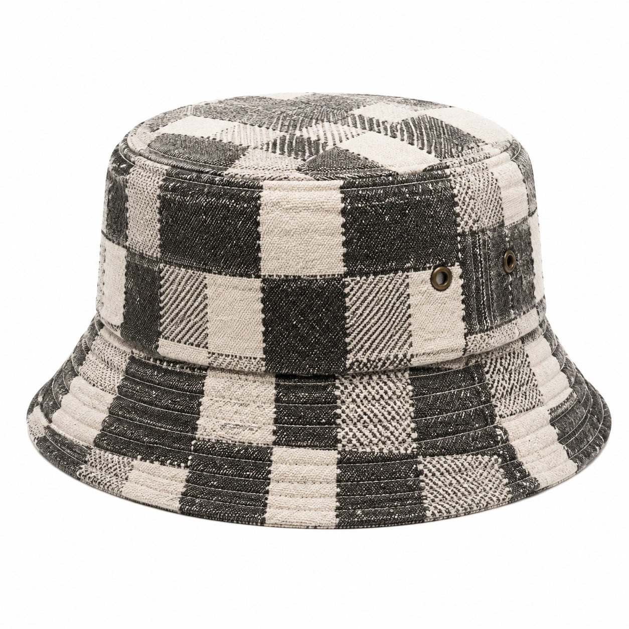Fischerhut Einheitsgröße aus Textilgewebe Schwarz/Creme kariert mit Ösen