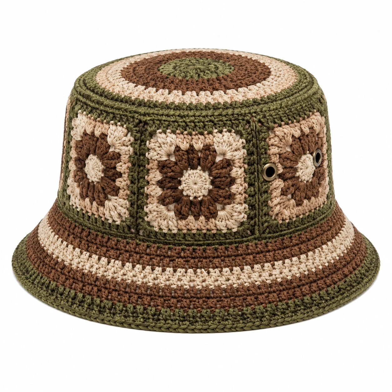 Anglerhut Einheitsgröße aus gehäkeltem Textilgarn in Grün Braun Beige mit breiter Krempe