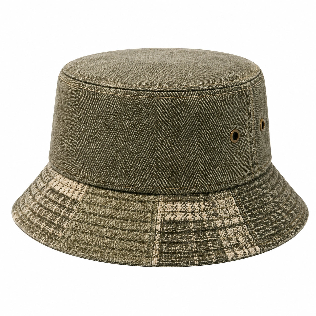Bucket Hat Einheitsgröße aus Textilgewebe Olivgrün mit Fischgrätmuster und Belüftungsösen