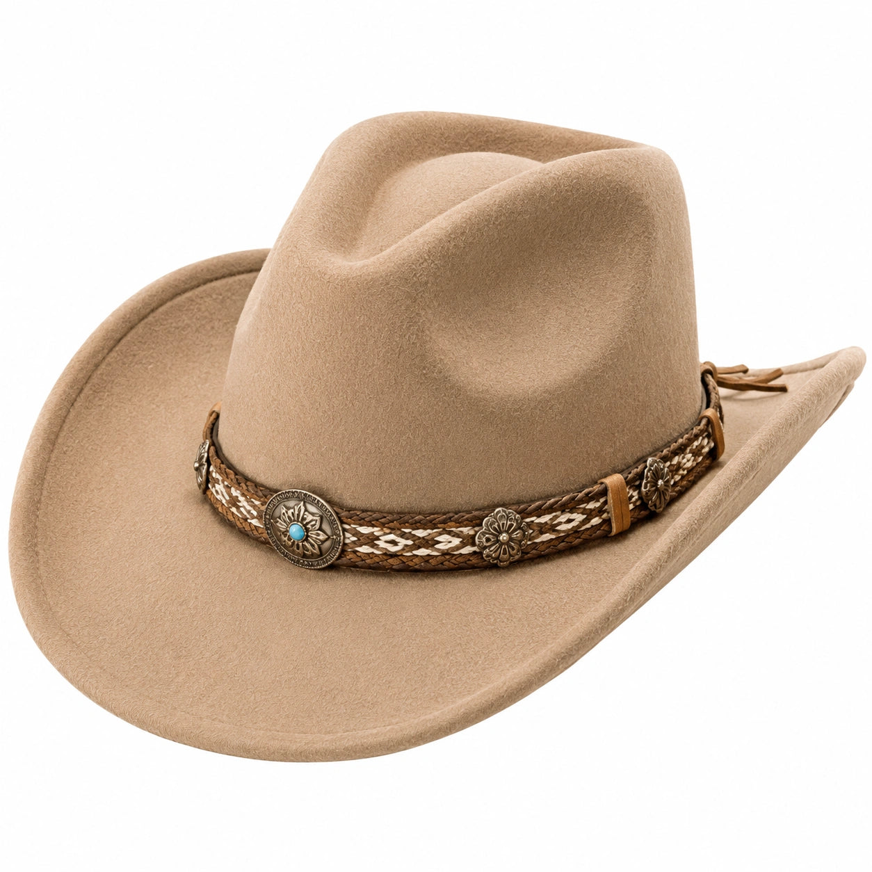 Cowboyhut Einheitsgröße Textil Beige mit geflochtenem Zierband für Alltag