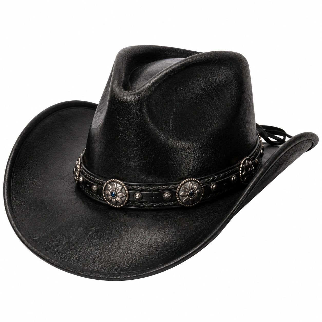 Cowboyhut Einheitsgröße aus Kunstleder Schwarz mit Zierband im Westernstil