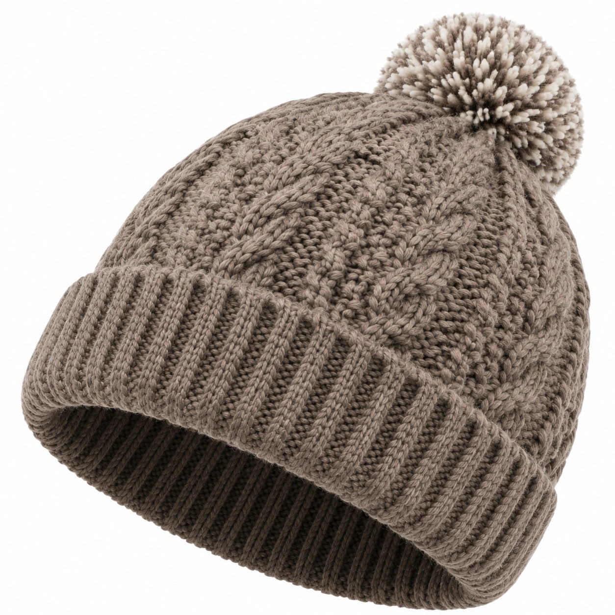 Strickmütze Einheitsgröße Taupe mit Bommel und Rippbündchen