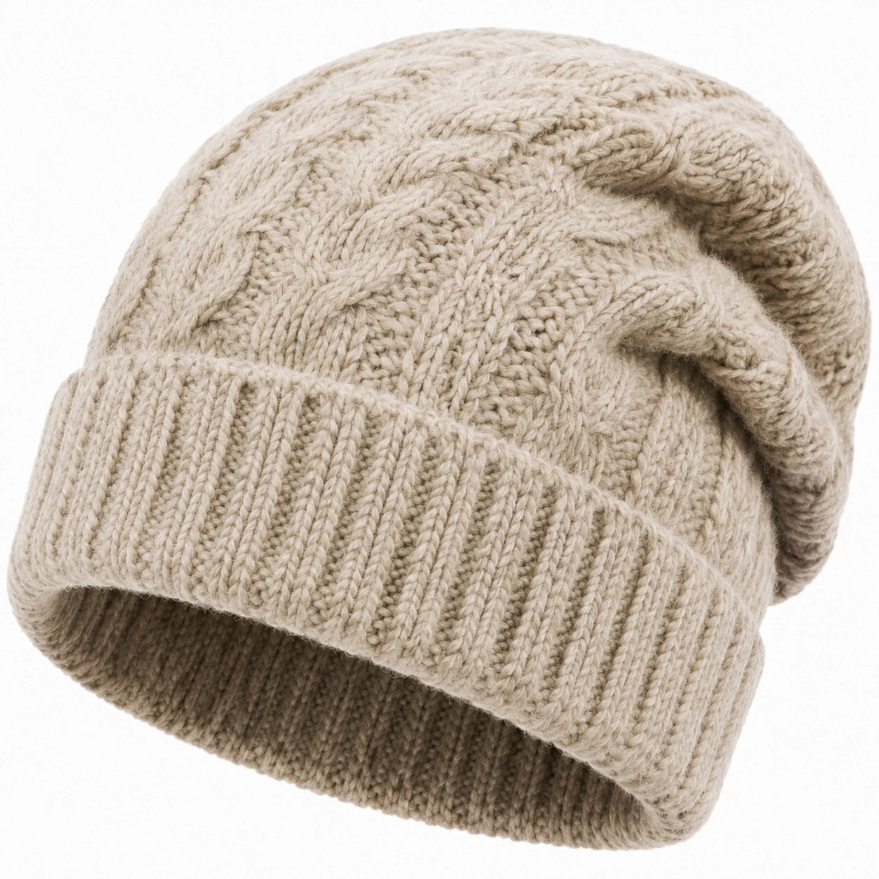 Strickmütze Einheitsgröße Beige mit Umschlag Zopfmuster für Damen und Herren
