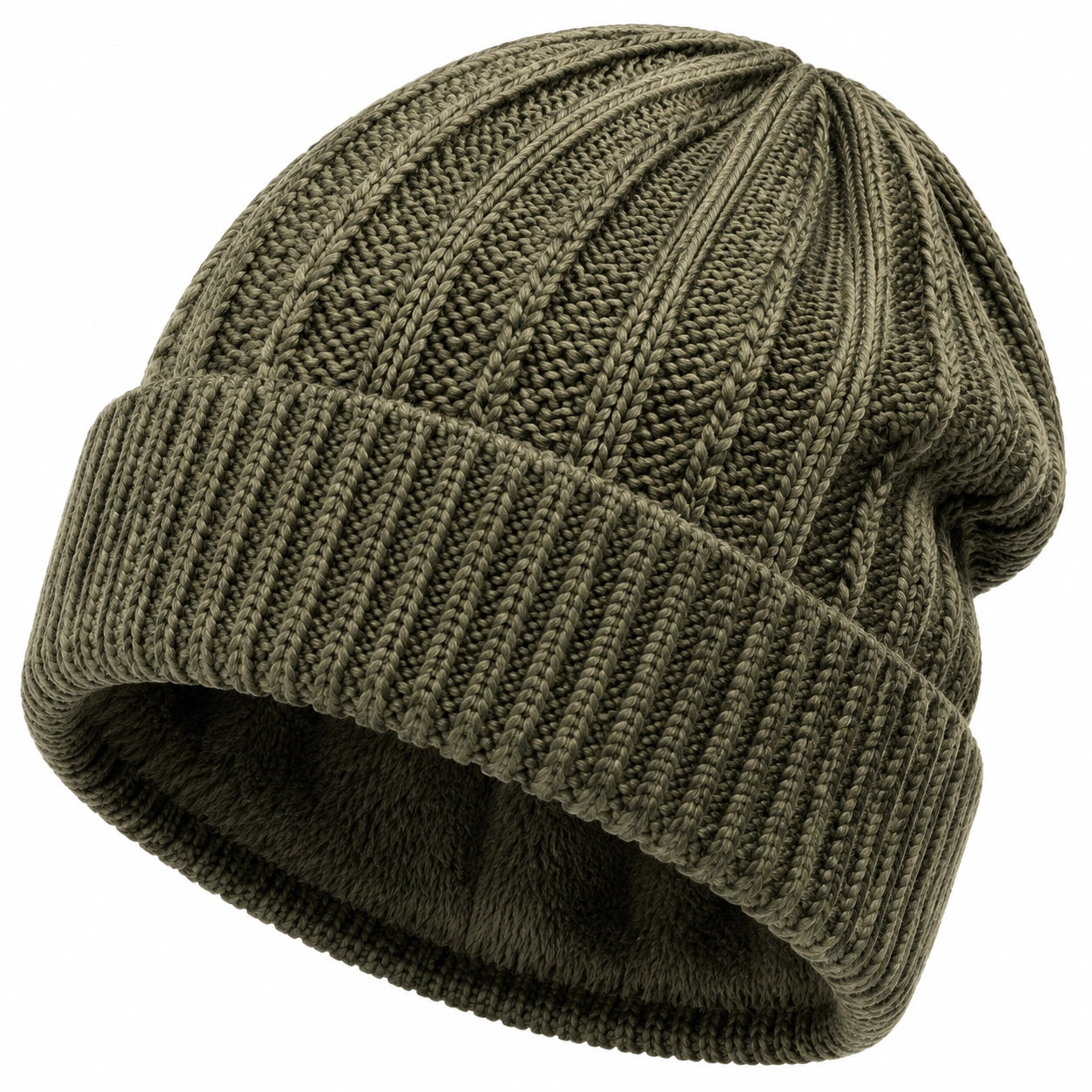 Strickmütze Einheitsgröße Olivgrün gerippt mit Umschlag für Alltag und Freizeit