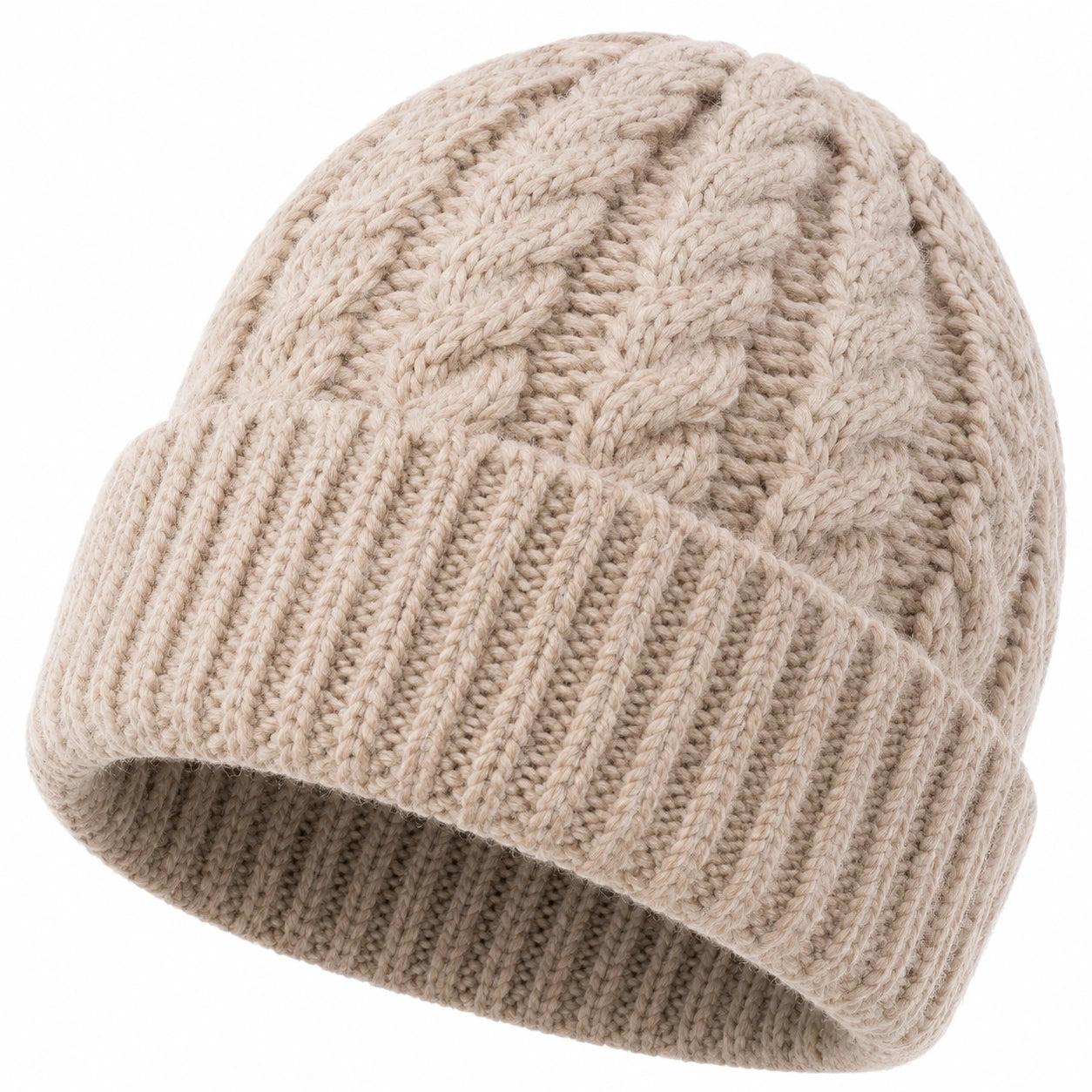 Strickmütze Einheitsgröße Beige mit Umschlag Zopfmuster für Damen und Herren