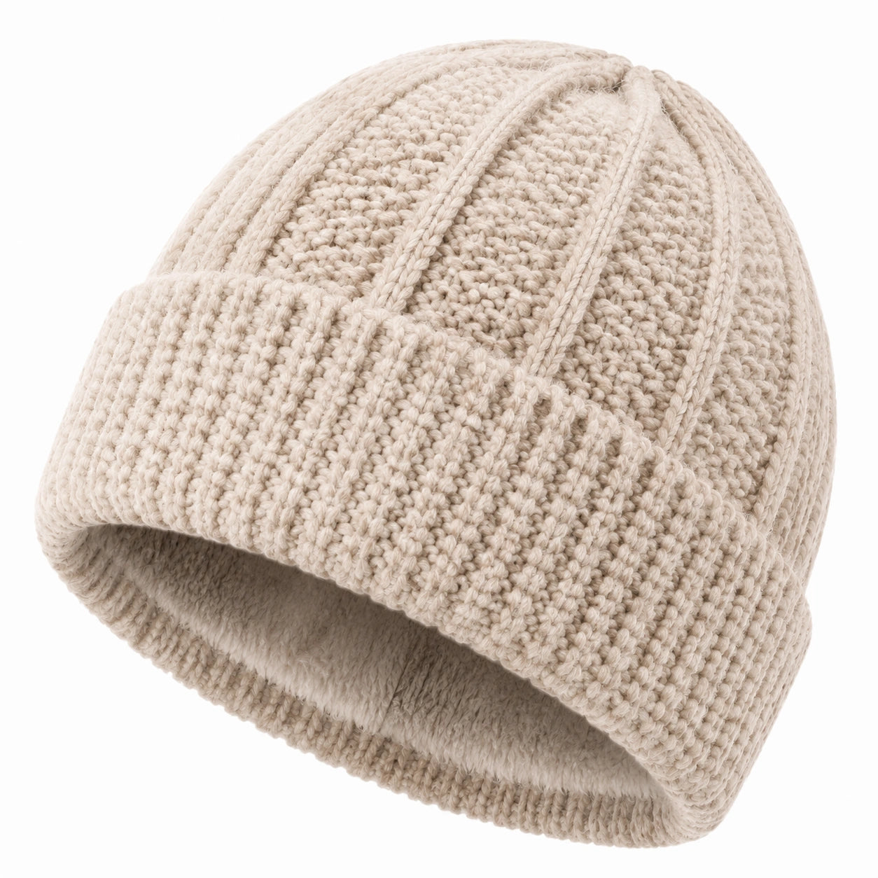 Strickmütze Einheitsgröße Beige mit Fleecefutter für Damen und Herren